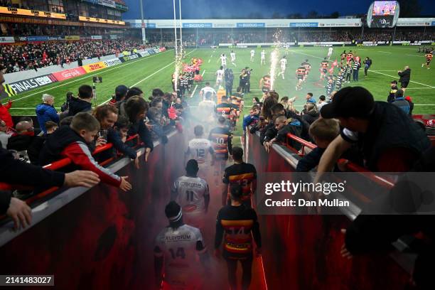 General view of the inside of the stadium as players of Castres Olympique and Gloucester Rugby walk out of the tunnel prior to the EPCR Challenge Cup...