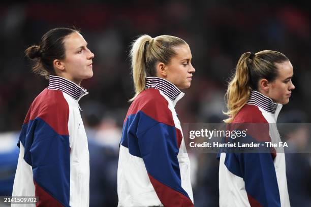 Lotte Wubben-Moy, Alessia Russo and Grace Clinton of England look on prior to the UEFA EURO 2025 Women's Qualifiers match between England and Sweden...