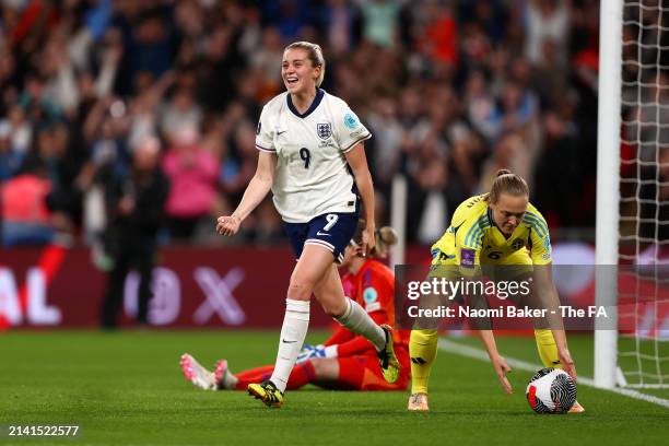 Alessia Russo of England celebrates scoring her team's first goal during the UEFA EURO 2025 Women's Qualifiers match between England and Sweden at...