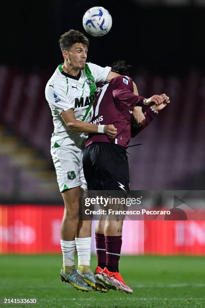Daniel Boloca of US Sassuolo battles for possession with Antonio Candreva of US Salernitana during the Serie A TIM match between US Salernitana and...