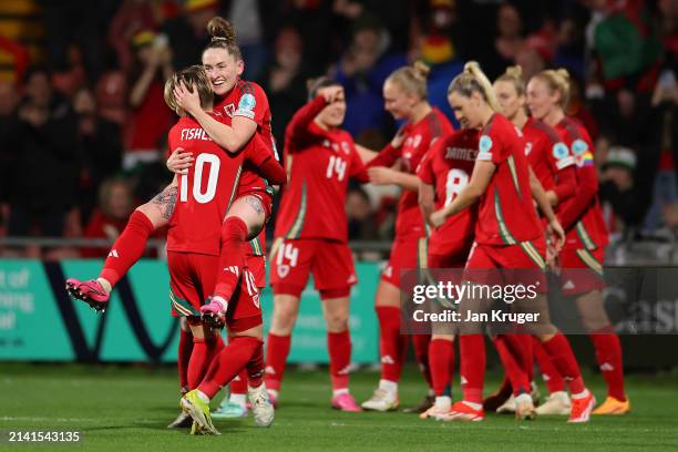 Rachel Rowe of Wales celebrates scoring her team's third goal with teammate Jessica Fishlock during the UEFA EURO 2025 Women's Qualifiers match...