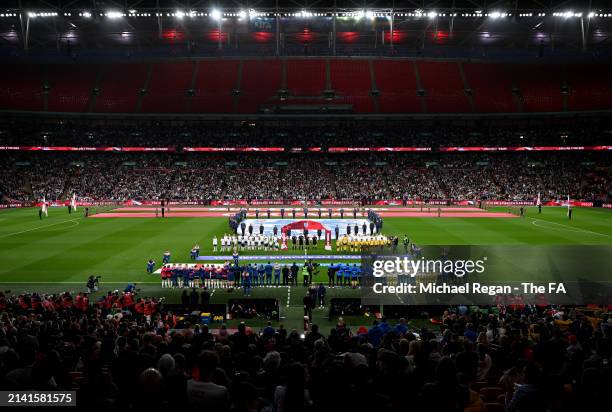 General view inside the stadium as teams line up prior to the UEFA EURO 2025 Women's Qualifiers match between England and Sweden at Wembley Stadium...