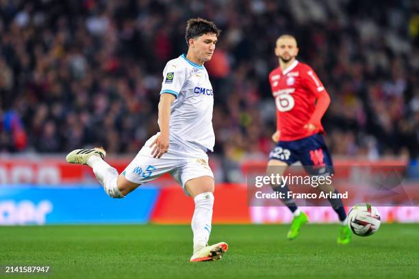 Leonardo Balerdi of Olympique de Marseille kicks the ball during the Ligue 1 Uber Eats match between Lille OSC and Olympique de Marseille at Stade...