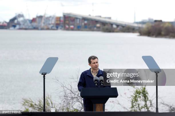 Secretary of Transportation Pete Buttigieg speaks ahead of U.S. President Joe Biden's remarks at the Maryland Transportation Authority Police...