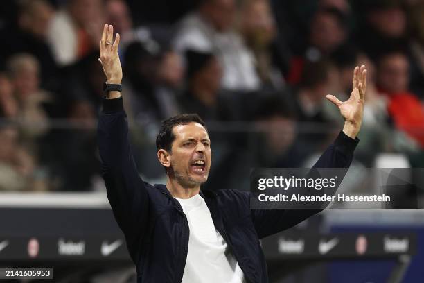 Dino Toppmoeller, Head Coach of Eintracht Frankfurt, reacts during the Bundesliga match between Eintracht Frankfurt and SV Werder Bremen at Deutsche...