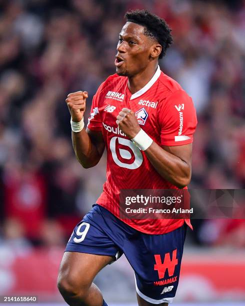 Jonathan David of Lille OSC celebrates after scoring his team's first goal during the Ligue 1 Uber Eats match between Lille OSC and Olympique de...
