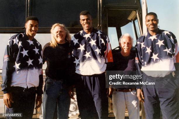 Scottie Pippen, Austin McCann, David Robinson, Joe Pytka and Hakeem Olajuwan have a laugh on the set of a Doritos commercial. The 1996 Dream Team...