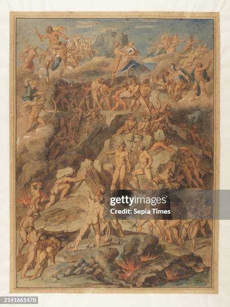 The Giants? Battle with the Gods, Joseph Anton Koch, 1768-1839, Drawing, Watercolor, The Titans are armed with lances, clubs and big pieces of rock....