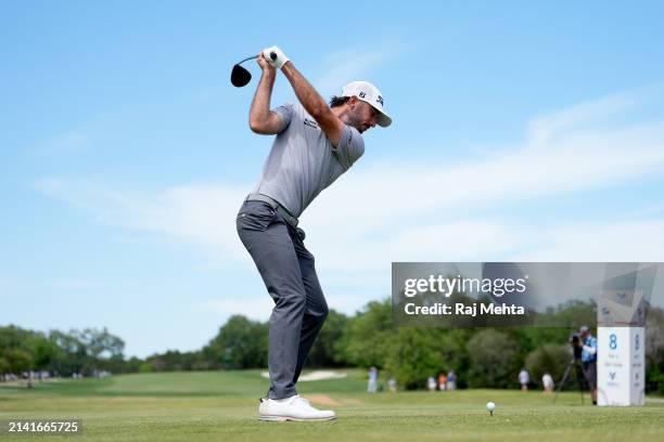 Max Homa of the United States plays his tee shot on the 8th hole during the second round of the Valero Texas Open at TPC San Antonio on April 05,...
