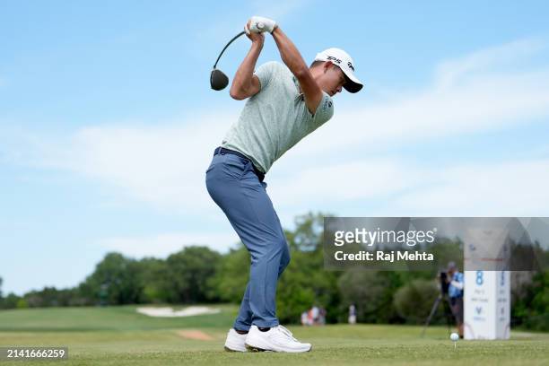 Collin Morikawa of the United States plays his tee shot on the 8th hole during the second round of the Valero Texas Open at TPC San Antonio on April...