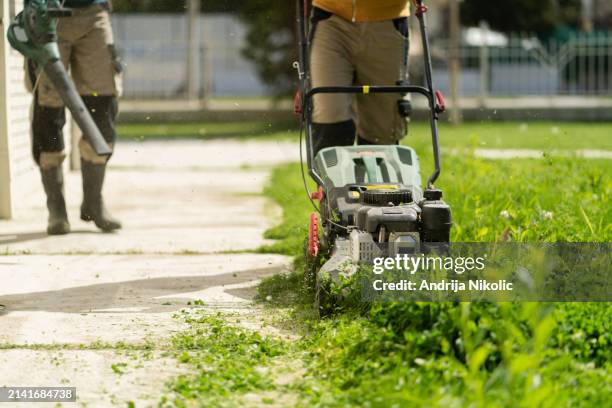 two men are trimming grass: one is using a lawn mower, and the other one is using a blower to blow away the cut grass. - mowing stock pictures, royalty-free photos & images