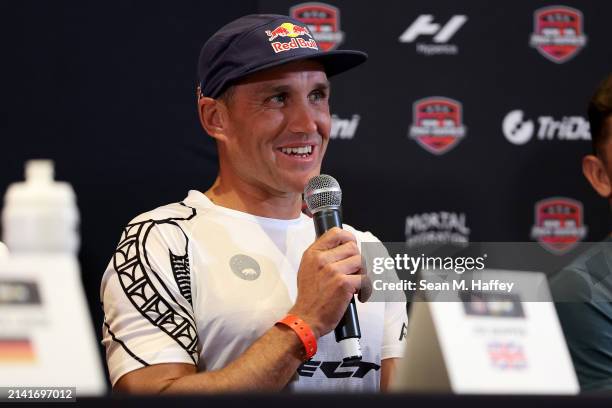 Braden Currie of Australia answers questions during a press conference prior to the 2024 IRONMAN Pro Series race on April 05, 2024 in Oceanside,...