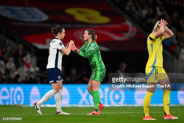 Mary Earps and Lotte Wubben-Moy of England interact during the UEFA EURO 2025 Women's Qualifiers match between England and Sweden at Wembley Stadium...