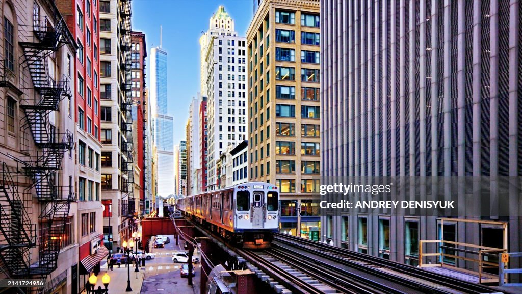 Chicago Downtown. Train and Skyscrapers.