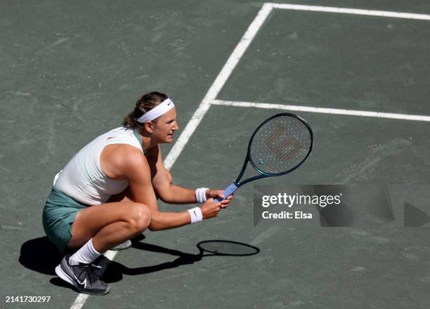 Victoria Azarenka reacts during the match against Jessica Pegula of the United States during Day 5 of the WTA 500 Credit One Charleston Open at...