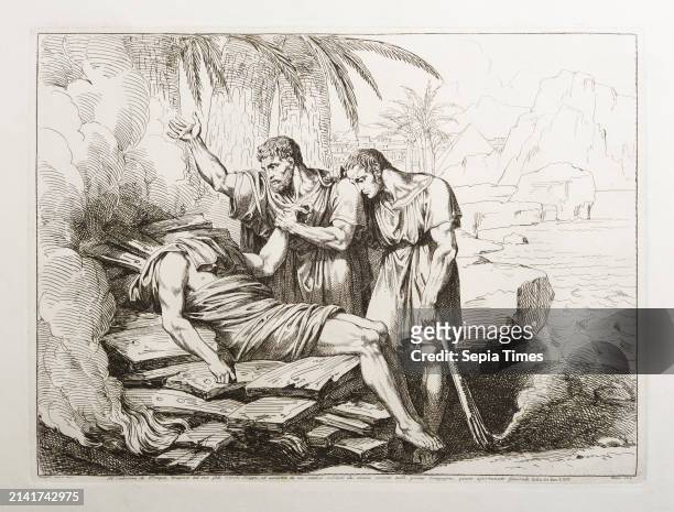 Pompey's corpse, burned by his trusted freedman Philip, Bartolomeo Pinelli, 1781-1835 Graphic Art, Aquatint, Paper, Color, Printer's ink, Aquatint,...