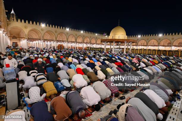 Muslims perform Tarawih prayers at Amr ibn al-Aas Mosque during Laylat al-Qadr, on the twenty-sixth day of the holy month of Ramadan on April 5, 2024...