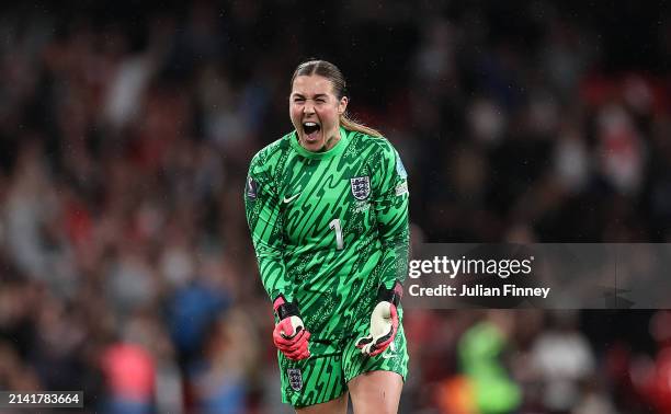 Mary Earps of England celebrates her teams first goal during the UEFA Women's European Qualifier match between England and Sweden on April 05, 2024...