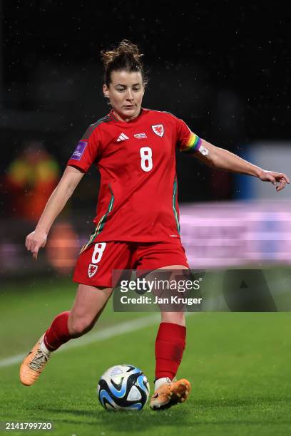 Angharad James of Wales in action during the UEFA Women's European Qualifier match between Wales and Croatia on April 05, 2024 in Wrexham, Wales.