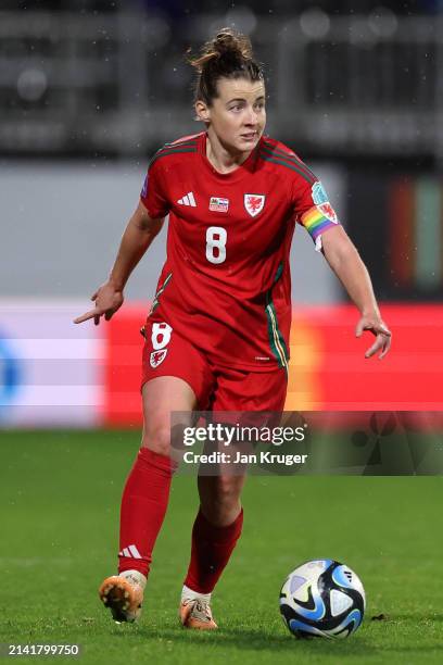 Angharad James of Wales in action during the UEFA Women's European Qualifier match between Wales and Croatia on April 05, 2024 in Wrexham, Wales.