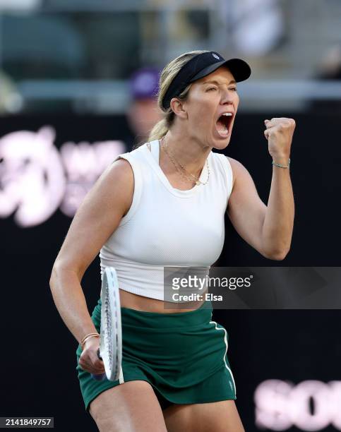 Danielle Collins of the United States celebrates her quarterfinal match win over Elise Mertens of Belgium during Day 5 of the WTA 500 Credit One...
