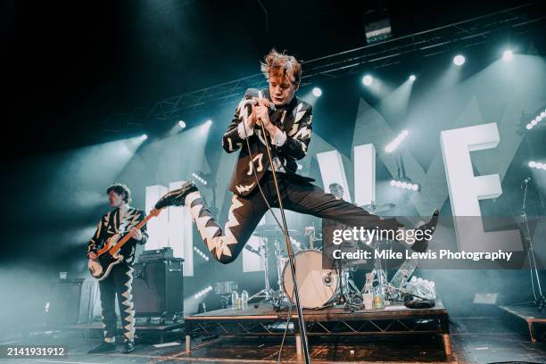 Pelle Almqvist of The Hives performs at Cardiff University on April 05, 2024 in Cardiff, Wales.