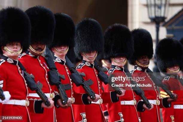 Members of the Kings Guard line up in front of Buckingham Palace prior to the Changing of the Guard Ceremony on April 8, 2024 in London, England....