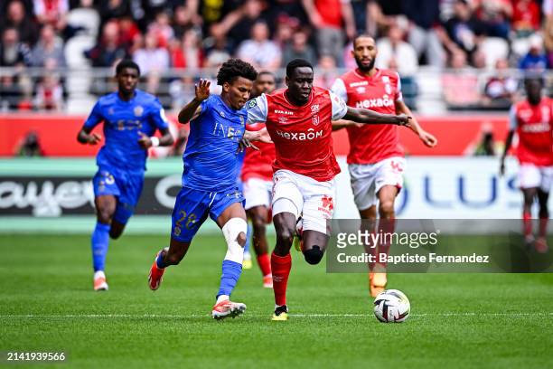 Hicham BOUDAOUI of Nice during the Ligue 1 Uber Eats match between Reims and Nice at Stade Auguste Delaune on April 7, 2024 in Reims, France.