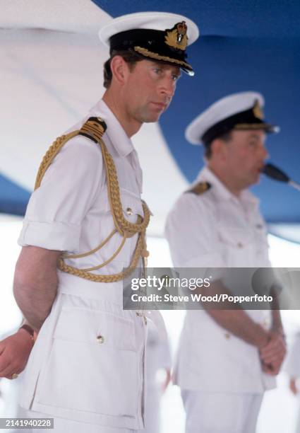 Prince Charles wearing his white navy uniform while in Dubai, United Arab Emirates during a tour of the Arab States of the Persian Gulf, on 17th...