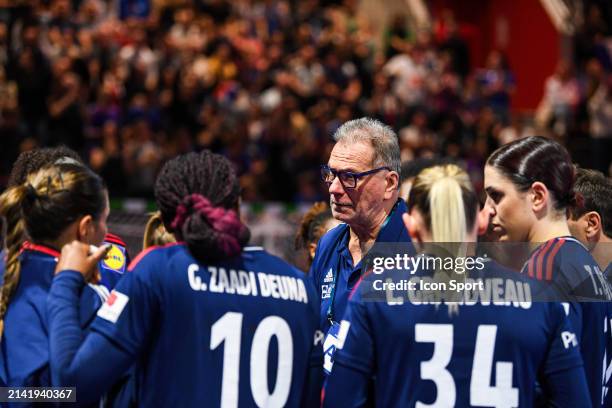 Headcoach of France Olivier KRUMBHOLZ with Grace ZAADI DEUNA of France and Lena GRANDVEAU of France during the Womens EHF EURO 2024 Qualifiers Phase...