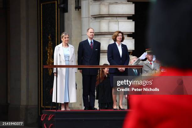 Sophie, Duchess of Edinburgh and Prince Edward, Duke of Edinburgh on behalf of King Charles III, stand with French Ambassador to the UK, Helene...