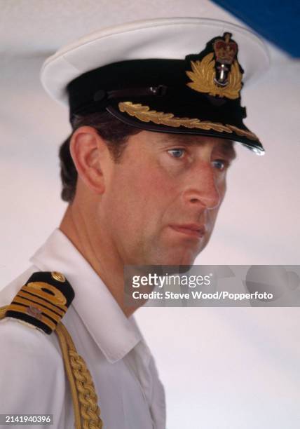 Prince Charles wearing his white navy uniform while in Dubai, United Arab Emirates during a tour of the Arab States of the Persian Gulf, on 17th...