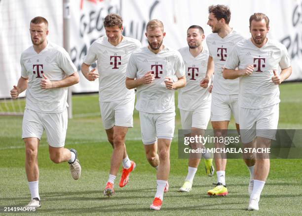 Bayern Munich's team attends a training session on April 8, 2024 in Munich, southern Germany, prior to the UEFA Champions League quarter-final first...