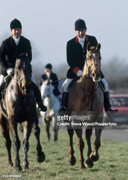 Prince Charles riding a horse whilst out foxhunting with the Cheshire Hunt, circa 1990 in Cheshire, England.