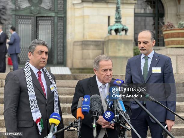 Nicaraguan Ambassador Carlos Jose Arguello Gomez speaks to press after the hearing on Nicaragua's claim that Germany aids Israel's ongoing genocide...