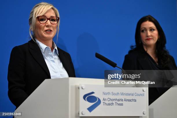 Northern Ireland First Minister Michelle O'Neill speaks as she attends the North South Ministerial Council meeting alongside outgoing Taoiseach Leo...