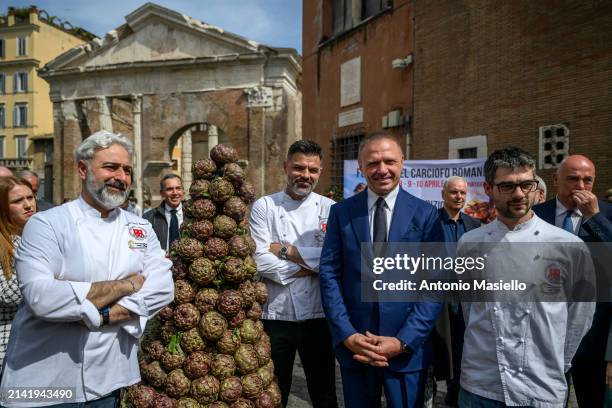 Italian Agriculture Minister Francesco Lollobrigida attends the inauguration of the Festival of the Roman Artichoke at the Jewish quarter, on April 8...