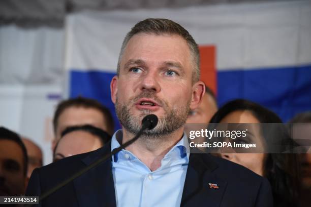 Peter Pellegrini , current speaker of the Slovak National Council and newly elected Slovak president, speaks to the journalists at his campaign...