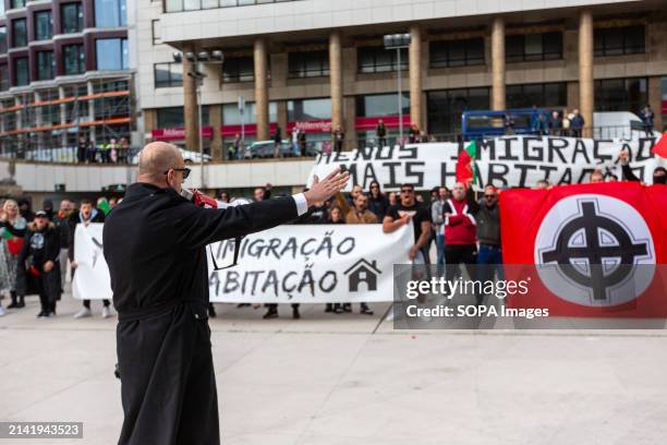 Group of anti-immigration sympathizers seen during a far-right protest in the streets of Porto. Around two hundred far-right protesters demonstrated...