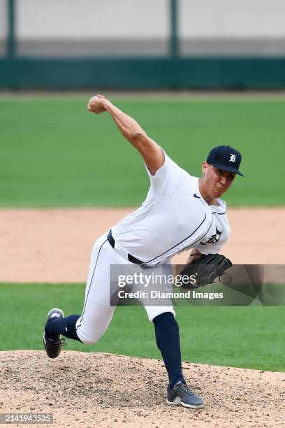 Wilmer Flores of the Detroit Tigers throws a pitch during the ninth inning of a spring training Spring Breakout game against the Philadelphia...