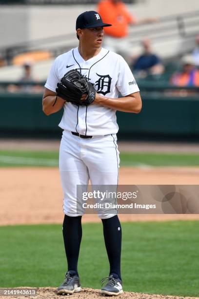 Wilmer Flores of the Detroit Tigers prepares to pitch during the ninth inning of a spring training Spring Breakout game against the Philadelphia...