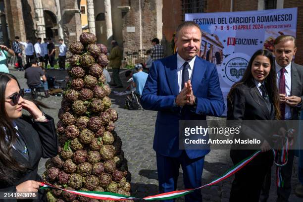 Italian Agriculture Minister Francesco Lollobrigida attends the inauguration of the Festival of the Roman Artichoke at the Jewish quarter, on April 8...