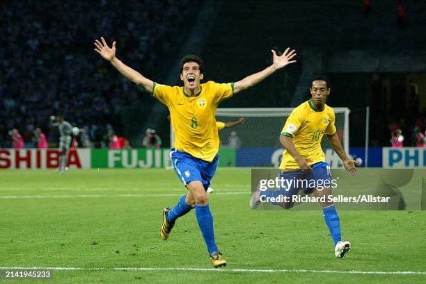 June 13: Kaka of Brazil celebrates during the FIFA World Cup Finals 2006 Group F match between Brazil and Croatia at Olympiastadion on June 13, 2006...