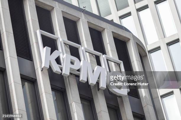On April 08, 2024 Company Logo of consultancy firm KPMG on a facade in Berlin, Germany.