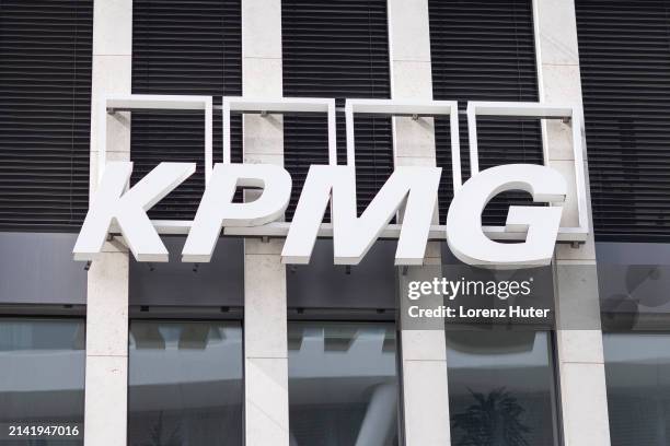 On April 08, 2024 Company Logo of consultancy firm KPMG on a facade in Berlin, Germany.