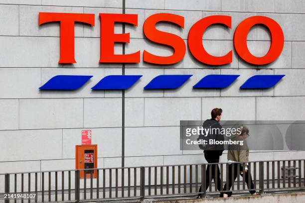 Sign on the outside of a Tesco Plc supermarket in London, UK, on Monday, April 8, 2024. Tesco are due to report full-year earnings on Wednesday,...