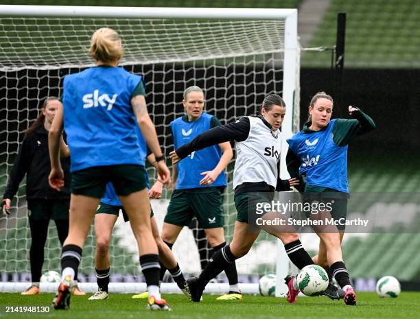 Dublin , Ireland - 8 April 2024; Heather Payne, right, and Emily Whelan during a Republic of Ireland Women's training session at the Aviva Stadium in...