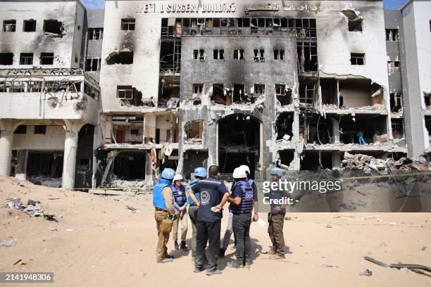United Nations team inspects the grounds of Al-Shifa hospital, Gaza's largest hospital, which was reduced to ashes by a two-week Israeli raid, on...