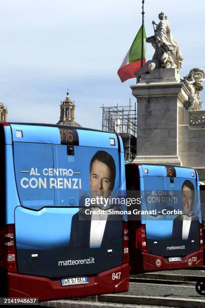 Election advertising by Matteo Renzi, leader of Italia Viva, with the slogan "at the Center with Renzi" on the buses in Piazza Venezia in relation to...