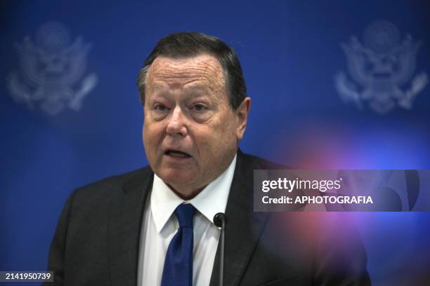 William Duncan, United States ambassador to El Salvador, speaks during the visit and press conference of the Salvadoran-American NASA astronaut,...